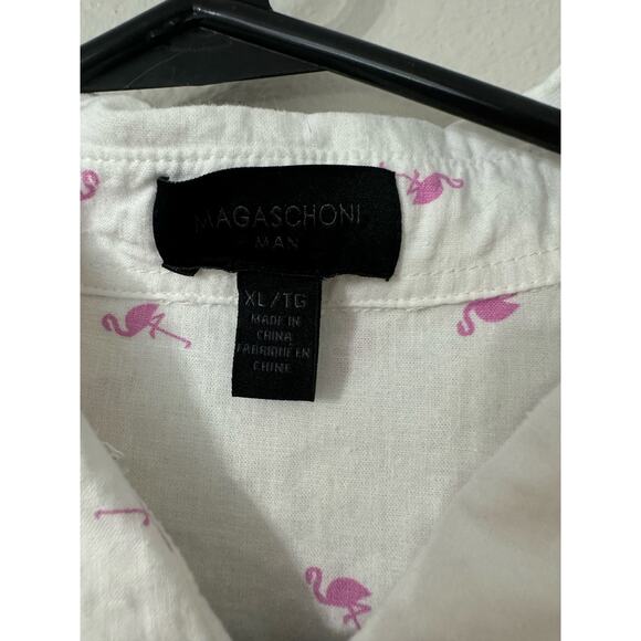 Magaschoni Man Linen Blend Flamingo Short Sleeve Button Down Shirt Size XL - Picture 2 of 4